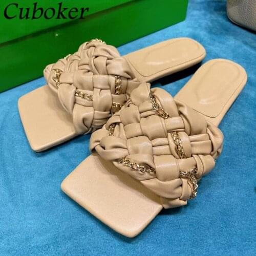 Brand Runway Summer Women Flat Slippers Square Toe Metal Chain Cross Braid Ladies Slides Vacation Beach Mules Causal Shoes Woman