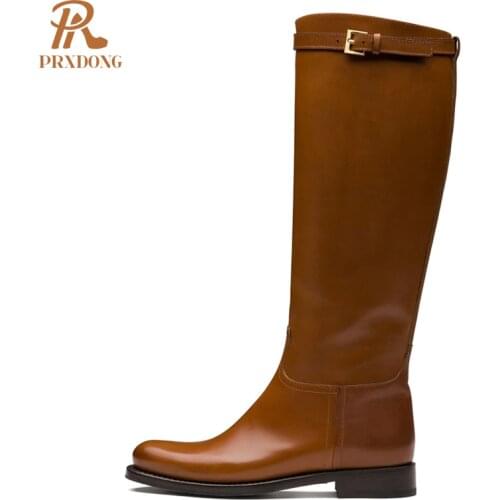 Women Low Heels Boots Top Quality Autumn Winter Warm Knee High Boots Ladies Slip On Retro Platform Shoes Buckle Strap Plus Size