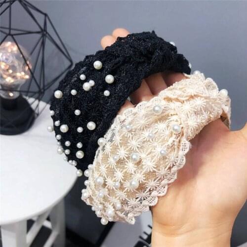 Fashion Girls Pearl Hairband Women Artificial Pearls Hair Accessories Wholesale White Black Lace Headband Hoop Middle Knot Hair