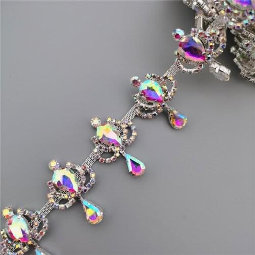 Top-Grade AB Color Rhinestone Crystal Cup Chain Waterdrop Tassel Silver Base Rhinestone Trim AB Sew on DIY Clothing Accessories