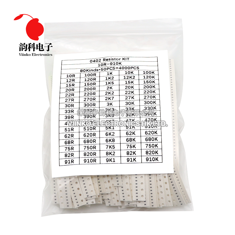 0402 SMD Resistor Kit Assorted Kit 10ohm-910kohm 5% 80valuesX50pcs=4000pcs Sample Kit Sample bag