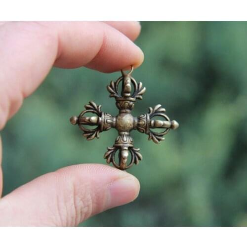 4.5CM Tibet 100% Pure Bronze 4 Petal Dorje Vajra-pest Amulet Pendant Necklace