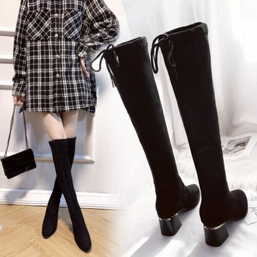 Long slim thigh boots women pointed toe back bowtie over the knee booties comfy flock winter sock stovepipe botas mujer 2020