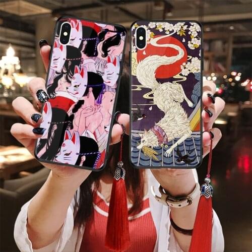 For iPhone 11 Pro Max 11Pro XS Max XS XR X 7 8 6 6S Plus Case HD Pattern Fox Tempered Glass Shockproof Cover with Tassel Lanyard