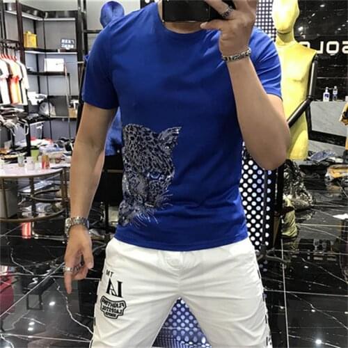 T-shirt Men Leopard Rhinestone Top Quality Confortable Casual Slim Fit Summer Personalized Trend Plus Size Male Tee Clothing 5XL