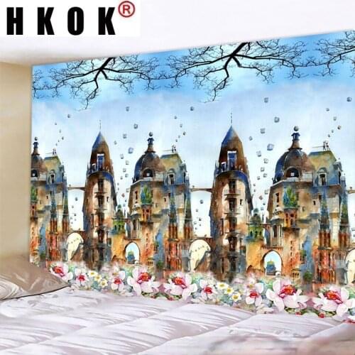 HKOK Castle Flower Dragon Tapestry Wall Hanging Fabric Mural Background Cloth Wall Rugs Towel Beach Fabric Blanket Home Decor