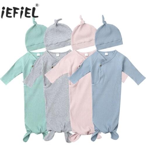 Newborn Infant Baby Boy Girl Long Sleeve Solid Knitted Swaddle Wrap Blanket Sleeping Bag+Hat Set 0-12M