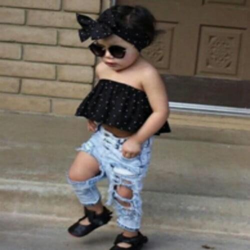 New Kids Baby Girls Summer Dot Sleeveless Top +Hole Jeans +Headband 3pcs Clothes Size 1-5T