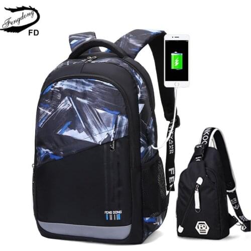 Fengdong kids school backpack for boy sling shoulder chest bag pack children school bags child usb charging bag laptop backpack