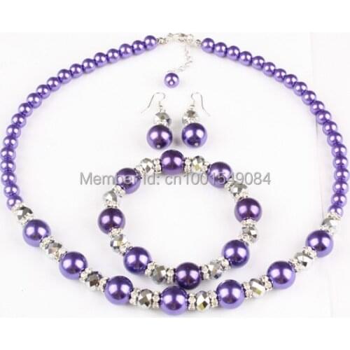 New Glass Imitation Pearl Round Bead Earrings Bracelet & Necklace 1 Set