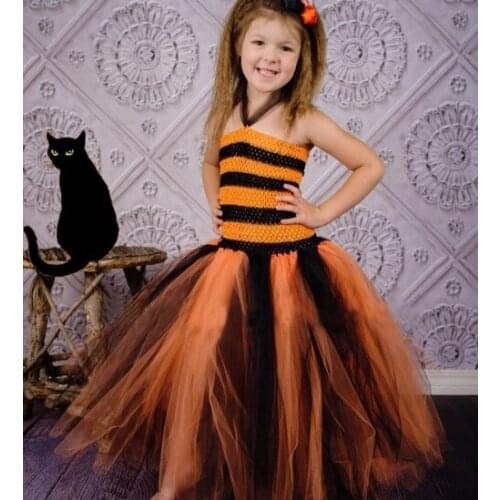 Girls Orange Black Tutu Dress Kids Crochet Tulle Dress Ball Gown with Flower Hairbow Children Halloween Party Costume Dresses