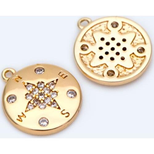 10pcs Gold Plated Brass Compass Charms 13x11mm, Hammered Round Disc Pendants, CZ Paved Star Pattern (GB-1273)