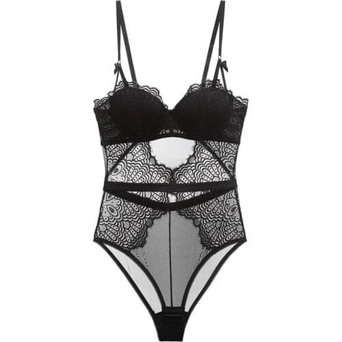 Sexy Hollow Out Lace Bustiers Corsets With Push Up Half Cup Bra Underwire Underwear Mesh Transparent Bodysuit Women Lingerie