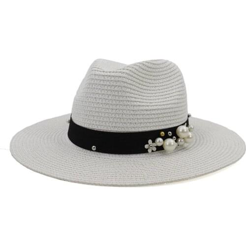 Wide Brim Panama Sun Straw Hat with Pearls Summer Beach Vacation Sunshade Paper Cap Fashion Jazz Top Hat for Women Men