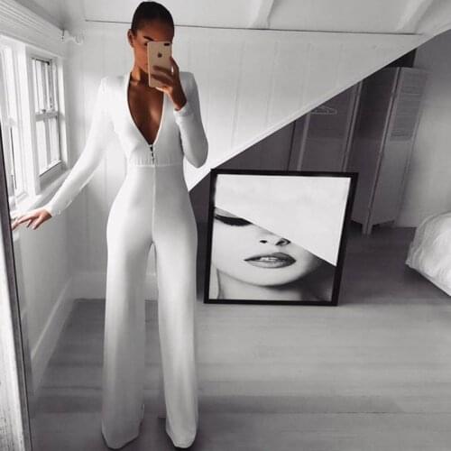 STYLISH LADY Elegant OL Rompers and Jumpsuits 2021 Spring Autumn Women Long Sleeve Deep V Neck White Bodycon Button Overalls