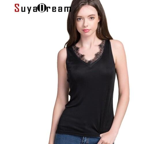 SuyaDream Women Tanks Natural silk and lace Tank tops Black Nude White 2020 Bottoming shirt New Summer TOP