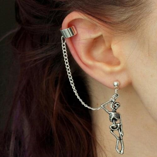 Vintage Punk Skull Asymmetrical Earrings Skeleton Dangle Drop Earrings Long Chain Tassel Stud Earrings Ear Clip Jewelry Gifts