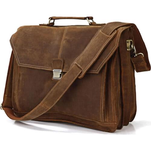 Vintage Crazy Horse Leather men Briefcase Large Business bag Genuine Leather 15"laptop Bag Tote shoulder bag men portfolio Brown