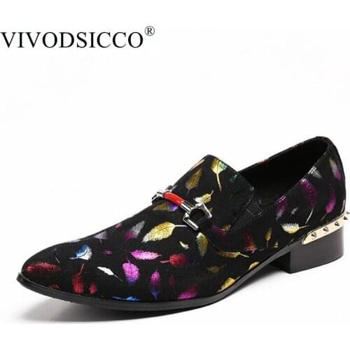 VIVODSICCO Handmade Print Luxury Men Genuine leather Rivets Loafers Men Wedding and Party Shoes Mens Flats Male Smoking Slipper