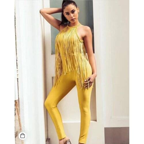 High Quality Tassel Blackless Halter Sleeveless Rayon Bandage Jumpsuit Evening Party Fashion Jumpsuit