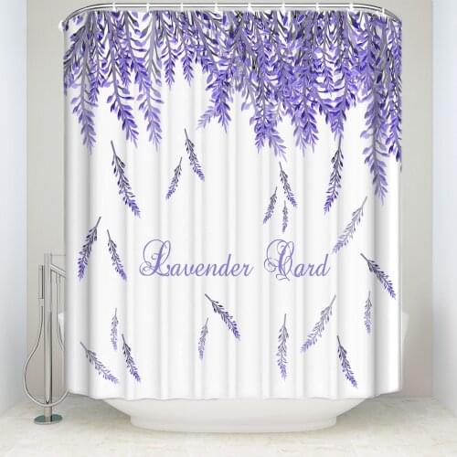 Custom Waterproof Bathroom Lavender Flowers Print Shower Curtain Polyester Purple White Bathroom Curtain