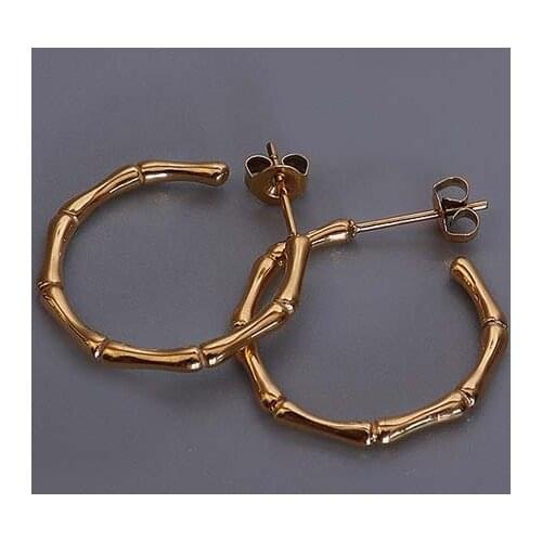 Fashion Stainless Steel Bamboo Stud Earrings Waterproof Jewelry C Shape Gold Metal Women Earrings Bijoux Femme Party Gift