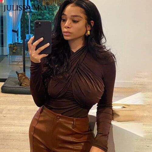 Julissa Mo Autumn Ruched Cross Halter Bodysuit For Women Long Sleeve Skinny Body Sexy Top Black Warm Streetwear Bodysuits Female