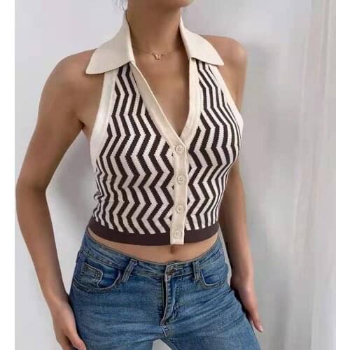 Heliar Women Summer Crop Tops Button Up Knitted Stripes Halter Night Club Tank Tops Sexy Backless Crop Tops For Women Summer