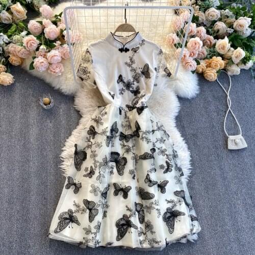 Womens spring summer runway fashion butterfly embroidery mesh dress female short sleeve chic travel vintage mesh dress TB1471