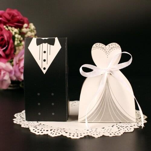 10Pcs/set Wedding Gifts Case Bride Groom Tuxedo Dress Gown Ribbon Wedding Favor Candy Box Bag Wedding Party Decor