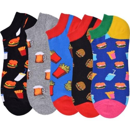 2020 Fashion Beer French fries Happy Crew Burger Street Style Socks Ankle Cotton Short Summer Funny Women Men Boat Socks Male