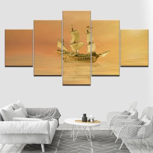 The boat on the sea seascape 5 Piece HD Wallpapers Art Canvas Print modern Poster Modular art painting for living room Decor