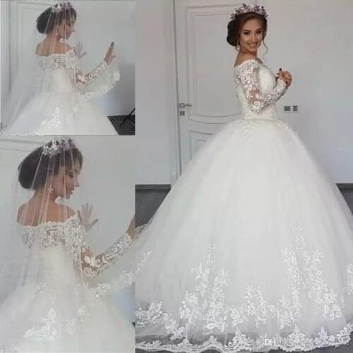 ANGELSBRIDEP Long Sleeves Ball Gown Wedding Dresses Robe De Mariee Luxury Appliques Court Train Saudi Arabia Bride Dresses