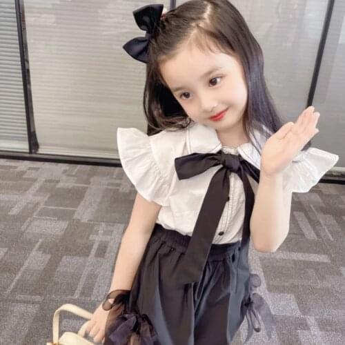 Girls' Suit 2021 Summer Bow Solid Color Top Gentlewomanly Skirt Childrens Temperament Suit Trend Two Piece Set