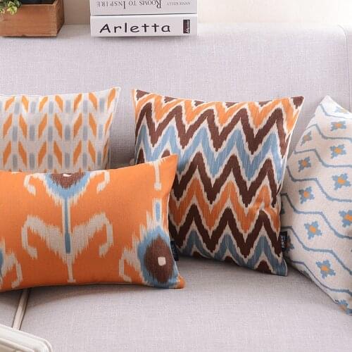 Linen Pillow Cover Home decorative Cushion Cover Ikat Orange Brown Blue Abstract Geometric Pillow Case 45cm*45cm