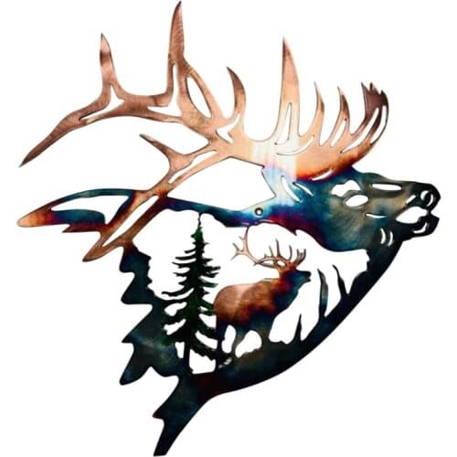 Metal Wall Art Decor Elk in The Forest Tree Sculpture Hanging for Living Room