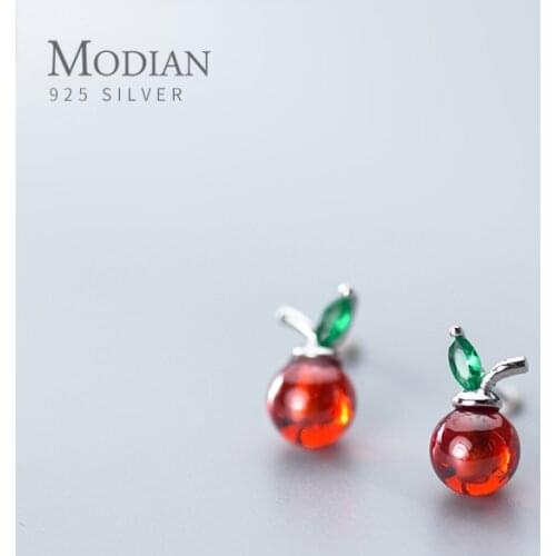 MODIAN Green Crystal Leaves Garnet Apple Stud Earring for Women Gift 925 Sterling Silver Fruit Ear Studs Earring Fine Jewelry