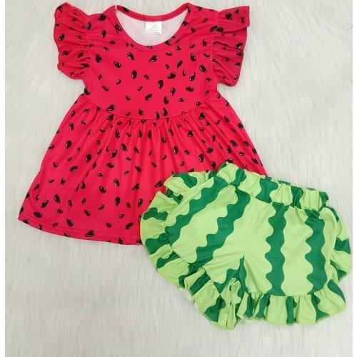 Fashion watermelon outfits baby girls flying sleeve t shirt+cute shorts 2 pcs sets kids summer outfit