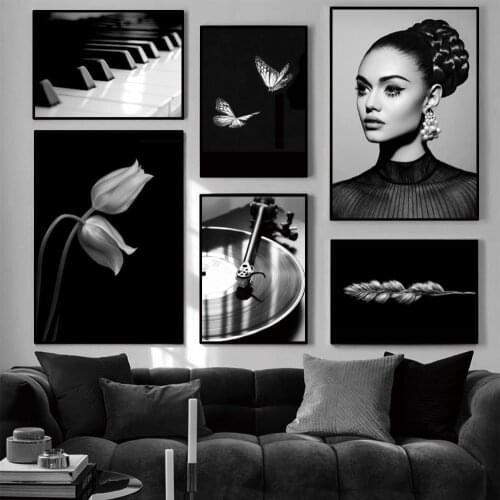 Black and White Fashion Poster Lady Piano Print Wall Art Canvas Painting Flowers Butterfly Modern Girl Room Decoration Picture