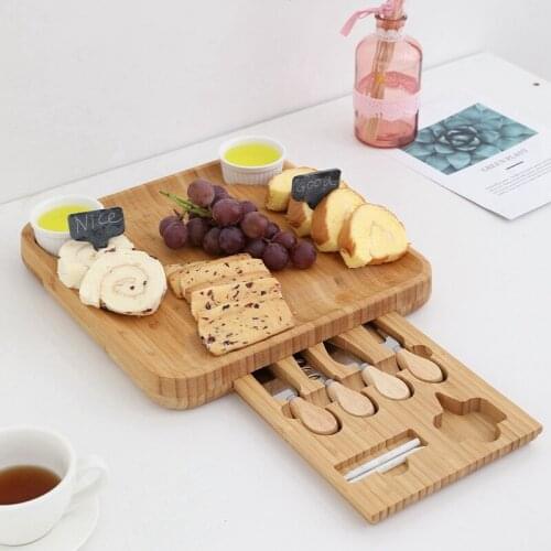 Bamboo Cheese Board Set 2 Jam Saucers and 4 Stainless Steel Knives Bamboo Charcuterie Platter Cooking Tools