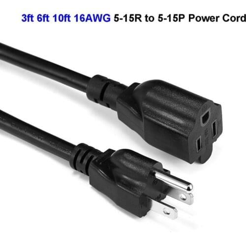 NEMA 5-15P to NEMA 5-15R Power Cord 3ft 6ft 10ft 16AWG Heavy Duty AC Power Extension Cable For PC Computer Monitor PSU Projector