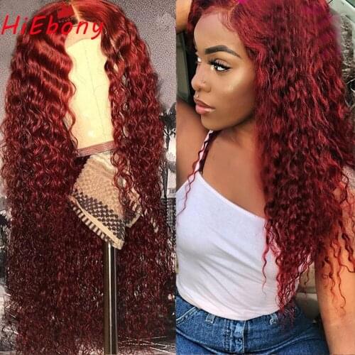 HiEbony Remy Human Hair Lace Front Wigs Preplucked 99j# Curly Glueless Lace Front Wigs Natural Hairline Transparent Lace Wigs