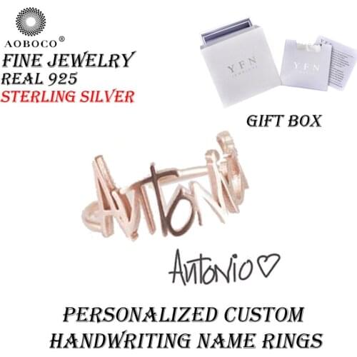 Personalized Handwriting Name Rings AOBOCO Brand Fine Jewelry Custom Letter Rings With Gift Box 925 Sterling Silver