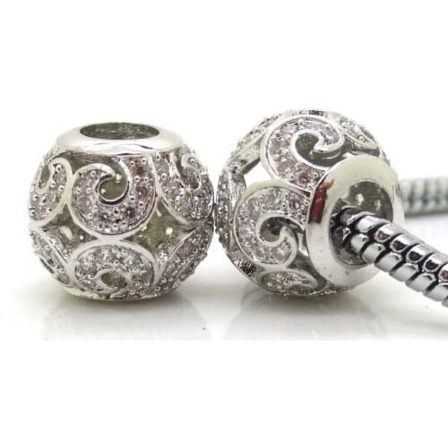 Fits Authentic Pandora Style Bracelets Silver Color Beads Micro Pave Zircon Flower Charm Beads DIY Women Jewelry 2Pcs