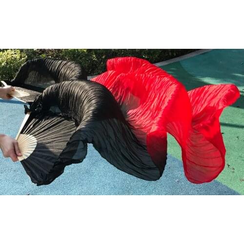 Populer 180 x 90 cm tari perut ukuran penggemar kerudung, Bagus murni bahan sutra nyata hitam / merah dye campuran wholesale