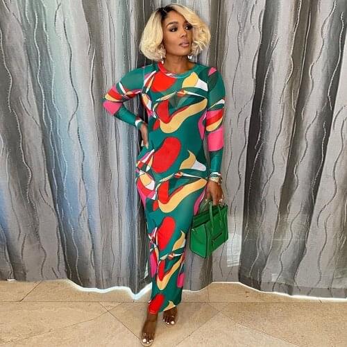 Sheer Mesh See Through Midnight Clubwear Dress Women Aesthetic Print Long Sleeve Skinny Dresses Vintage Body-shaping Vestidos