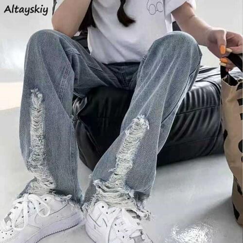 Ripped Jeans Women Plus Size S-5XL Retro Straight Chic Harajuku Teens Streetwear Summer High Wiasted College Girls Denim Trouser