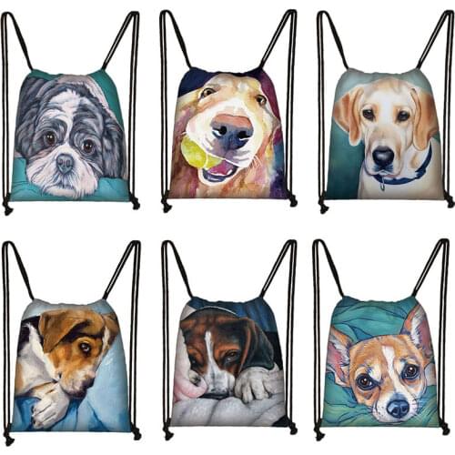 Lovely Dog Prints boys girls Drawstring Backpack eco Polyester reusable Casual school class shoulder bags