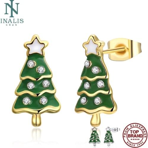 INALIS Christmas Tree Star Earrings For Women Shining Cubic Zirconia CZ Gold Plate Stud Earring Hot Sale Party Fashion Jewelry
