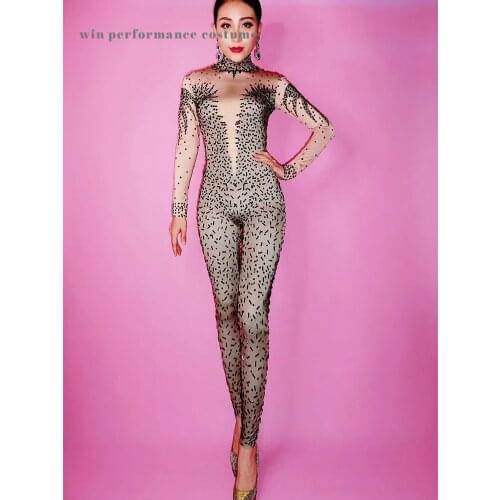 Sexy jumpsuit black dot see through skin color spandex bodysuit female stretch one piece party stage outfit leggings